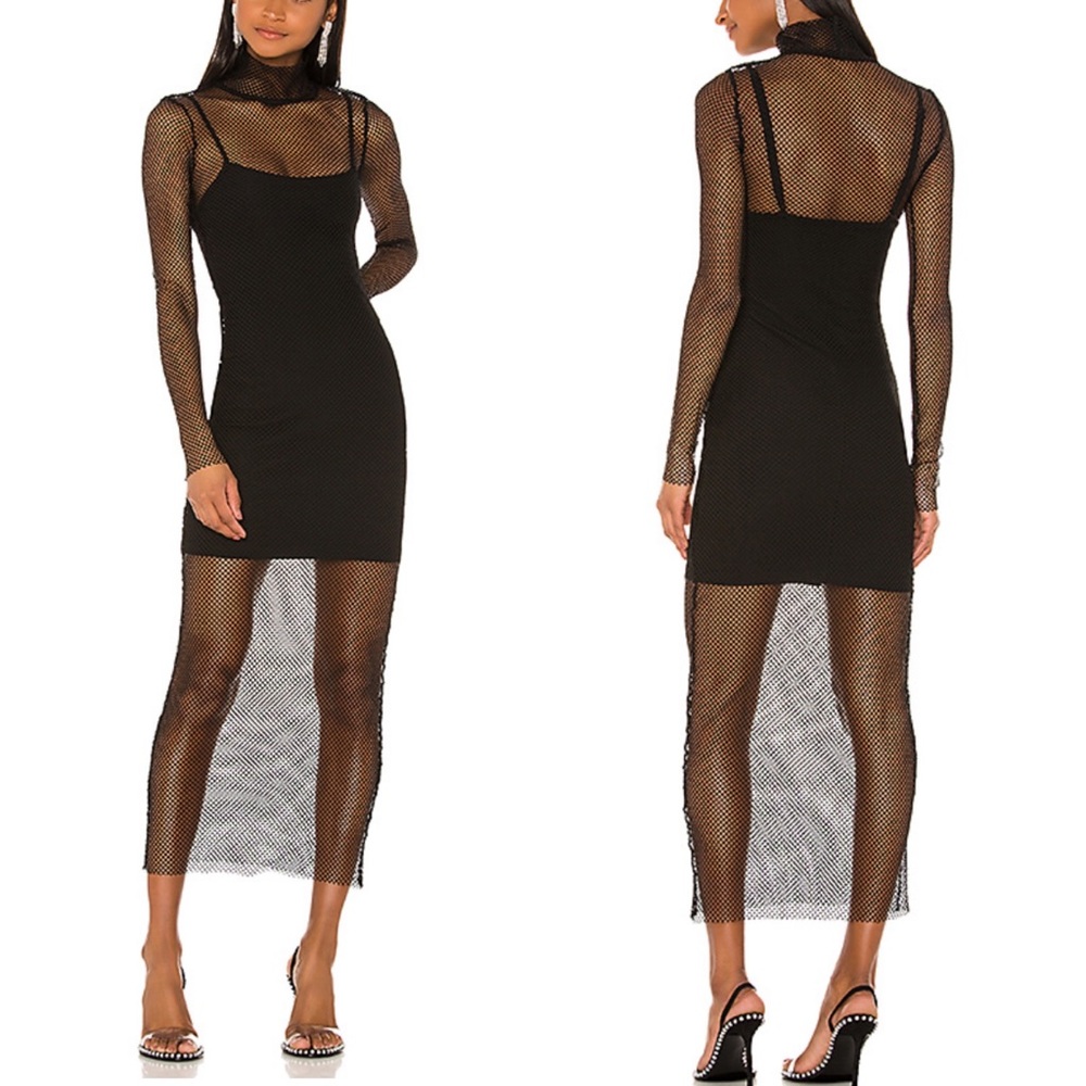 H:ours Midi Dress Fishnet Black Long Sleeve LBD M